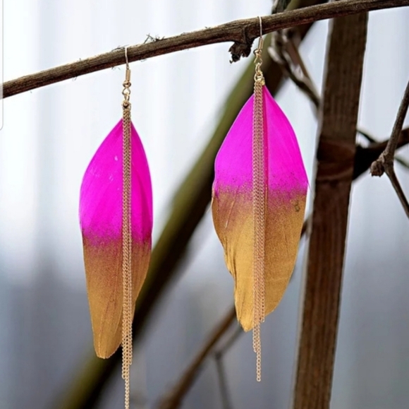 feather boho long earrings Jewelry - Exotic Feather Dipped in Gold Long Earrings